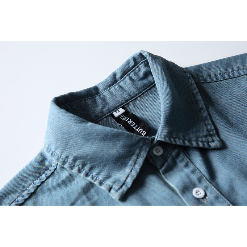Loose Washed Cotton Short Sleeve Denim Shirt for Men with Pocket Design