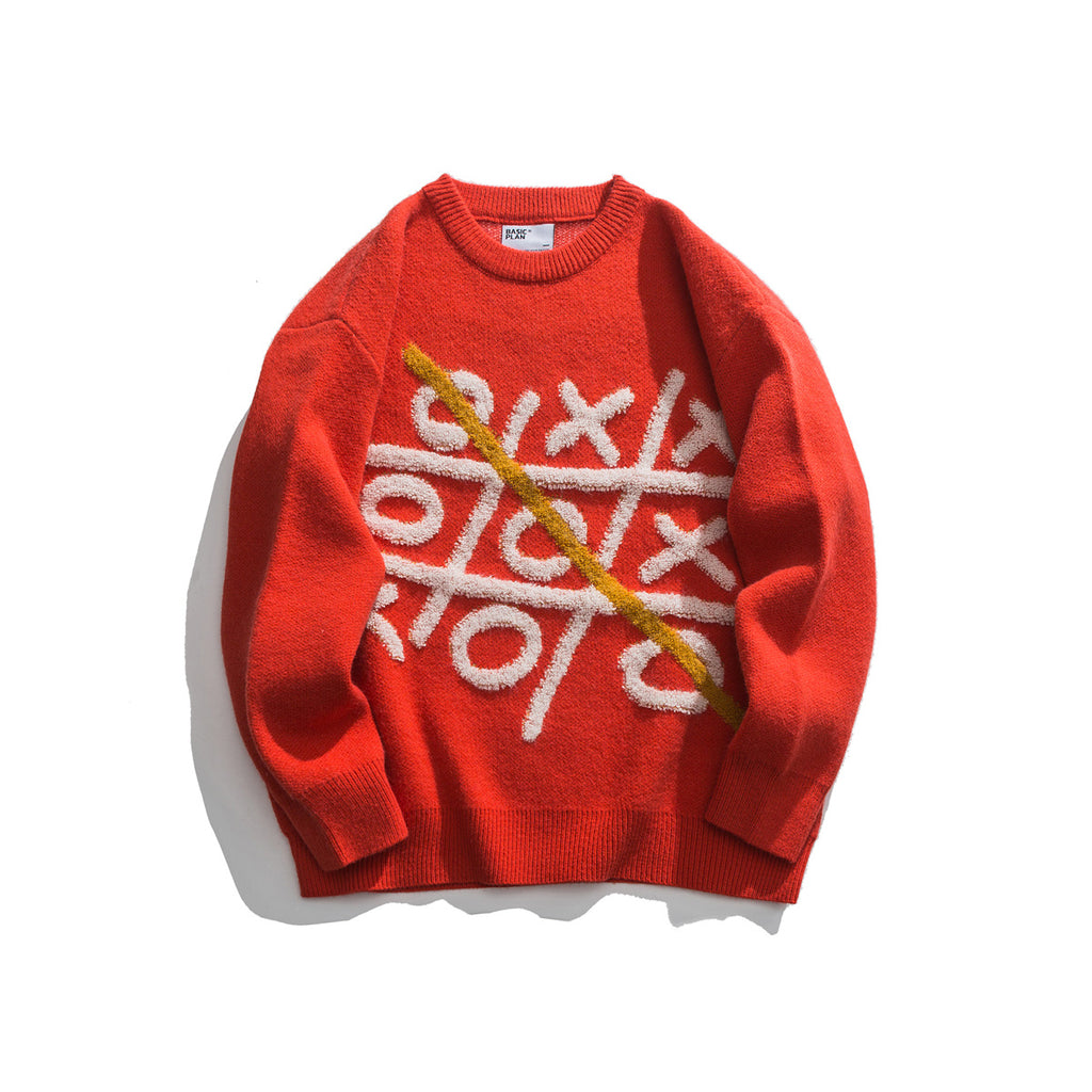Jacquard round neck sweater loose knit sweater