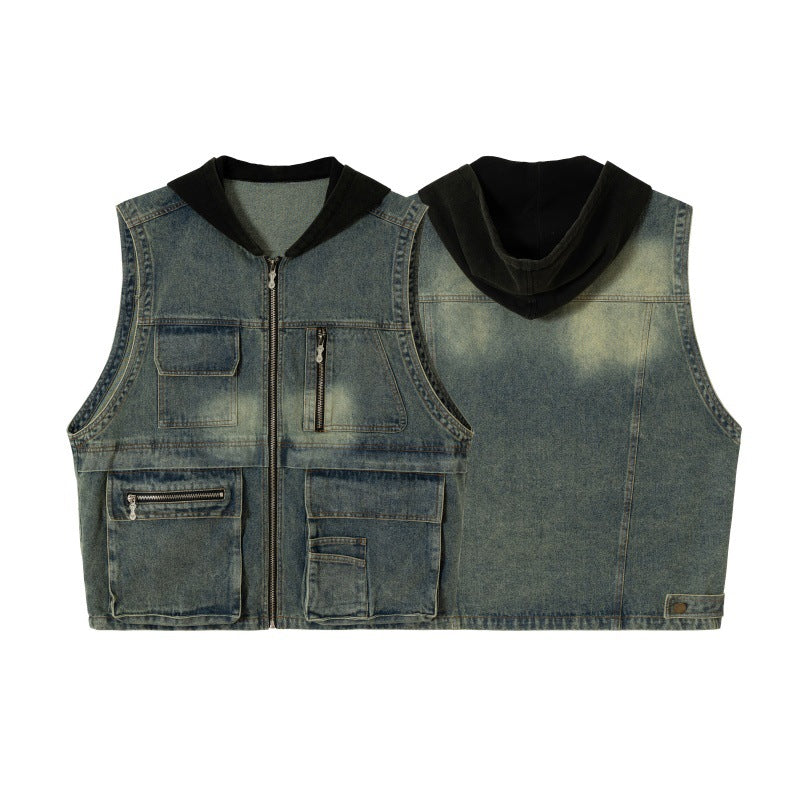 Functional Multi-Pocket Loose Casual Hooded Denim Vest Men