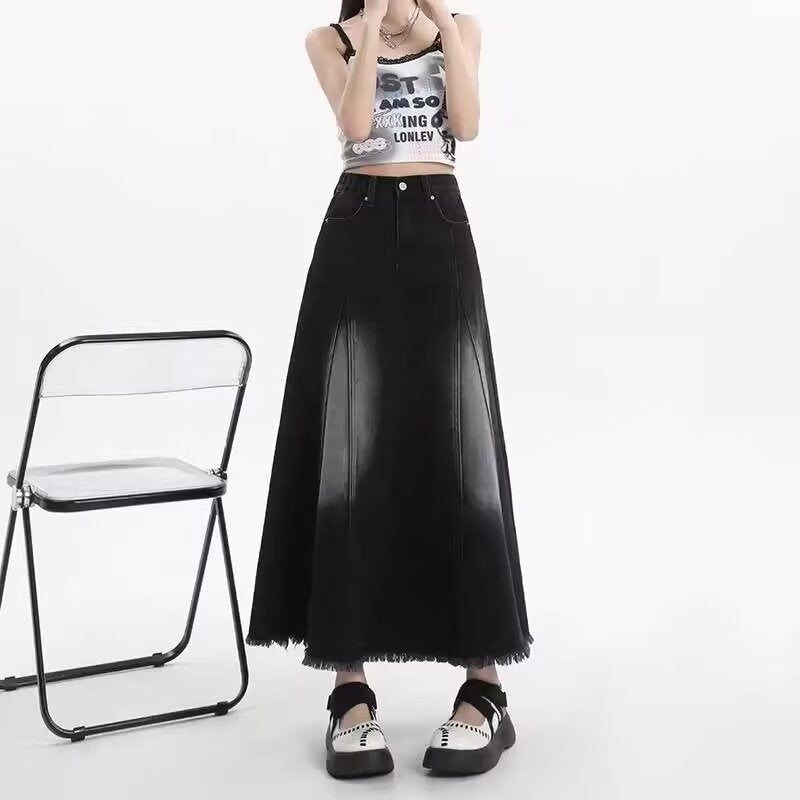 denim A-line midi skirt for women