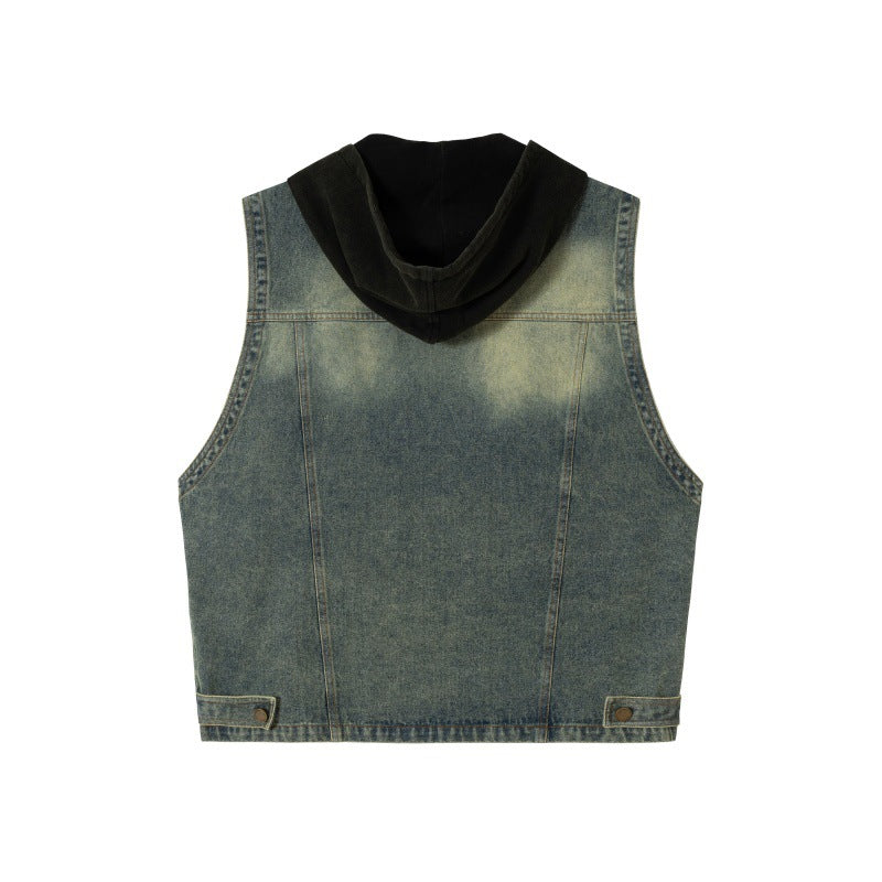 Functional Multi-Pocket Loose Casual Hooded Denim Vest Men