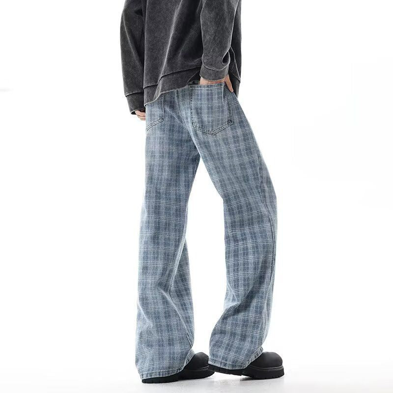 Blue Checkered Denim Pants Men Spring Autumn Lightweight Streetwear Style High-Waisted Casual Flared Bottoms