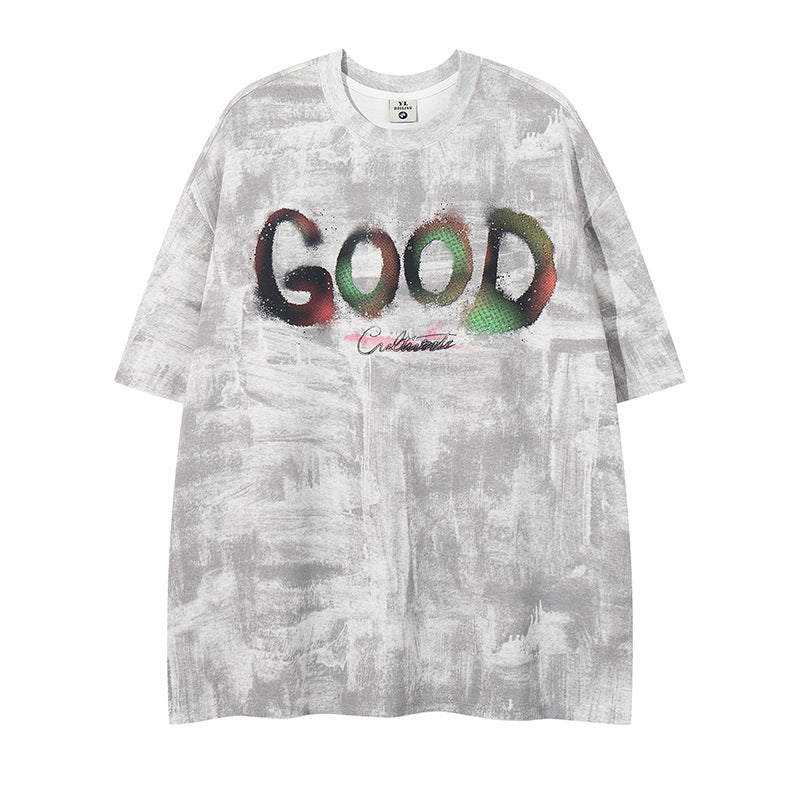 Unique Design Letter Print Crew Neck Short Sleeve T-Shirt Men's Oversize Casual Couple Top