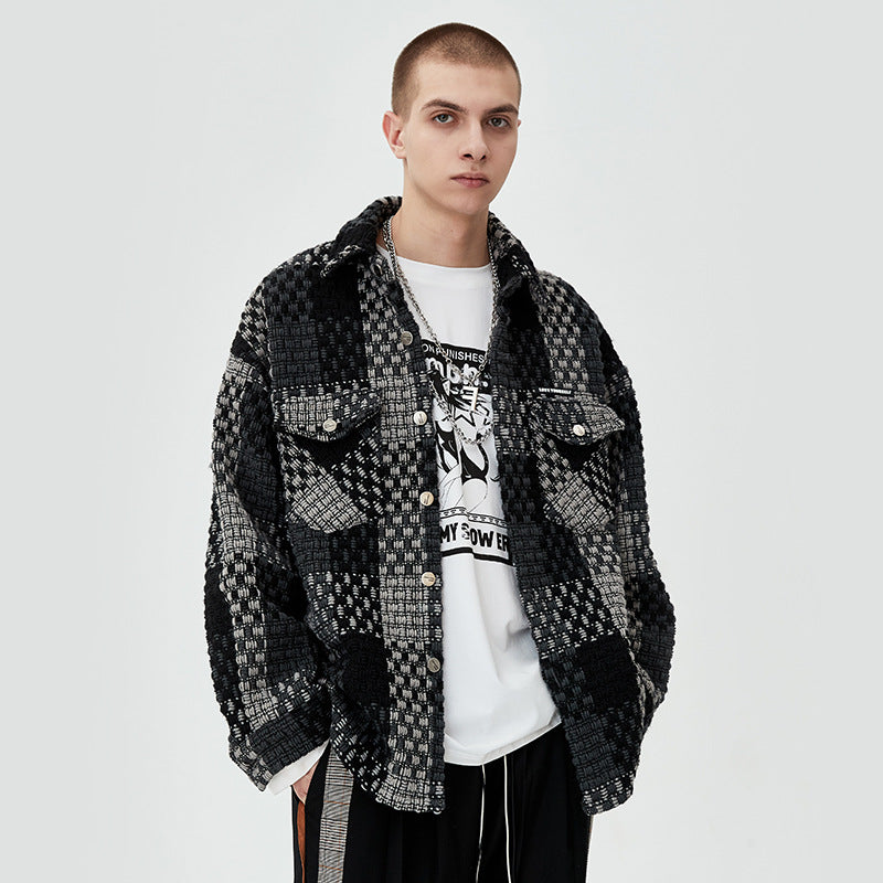 Tweed Checkered Coat for Men,  Trendy Streetwear, Retro Casual Jacket for Couples