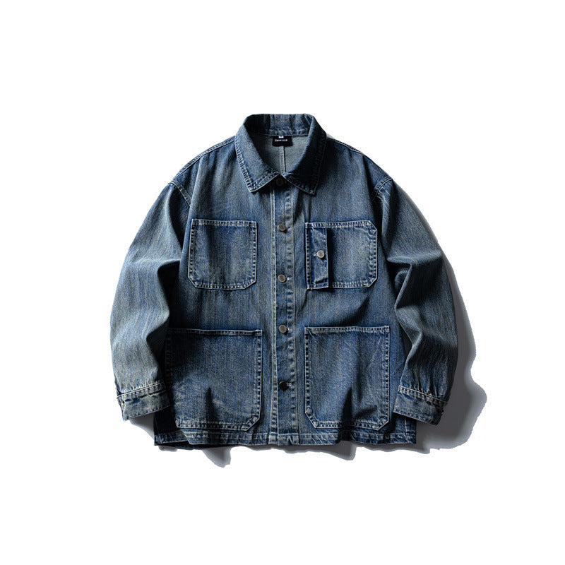 Trendy Washed Old Multi-Pocket Workwear Denim Jacket Men
