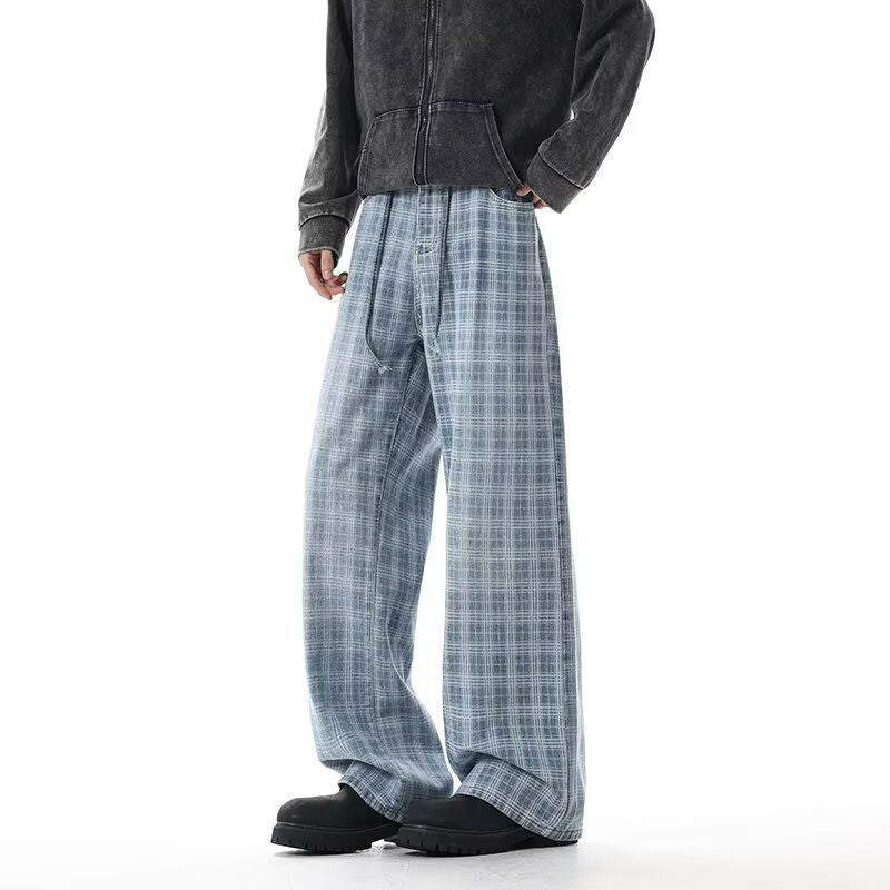 Blue Checkered Denim Pants Men Spring Autumn Lightweight Streetwear Style High-Waisted Casual Flared Bottoms