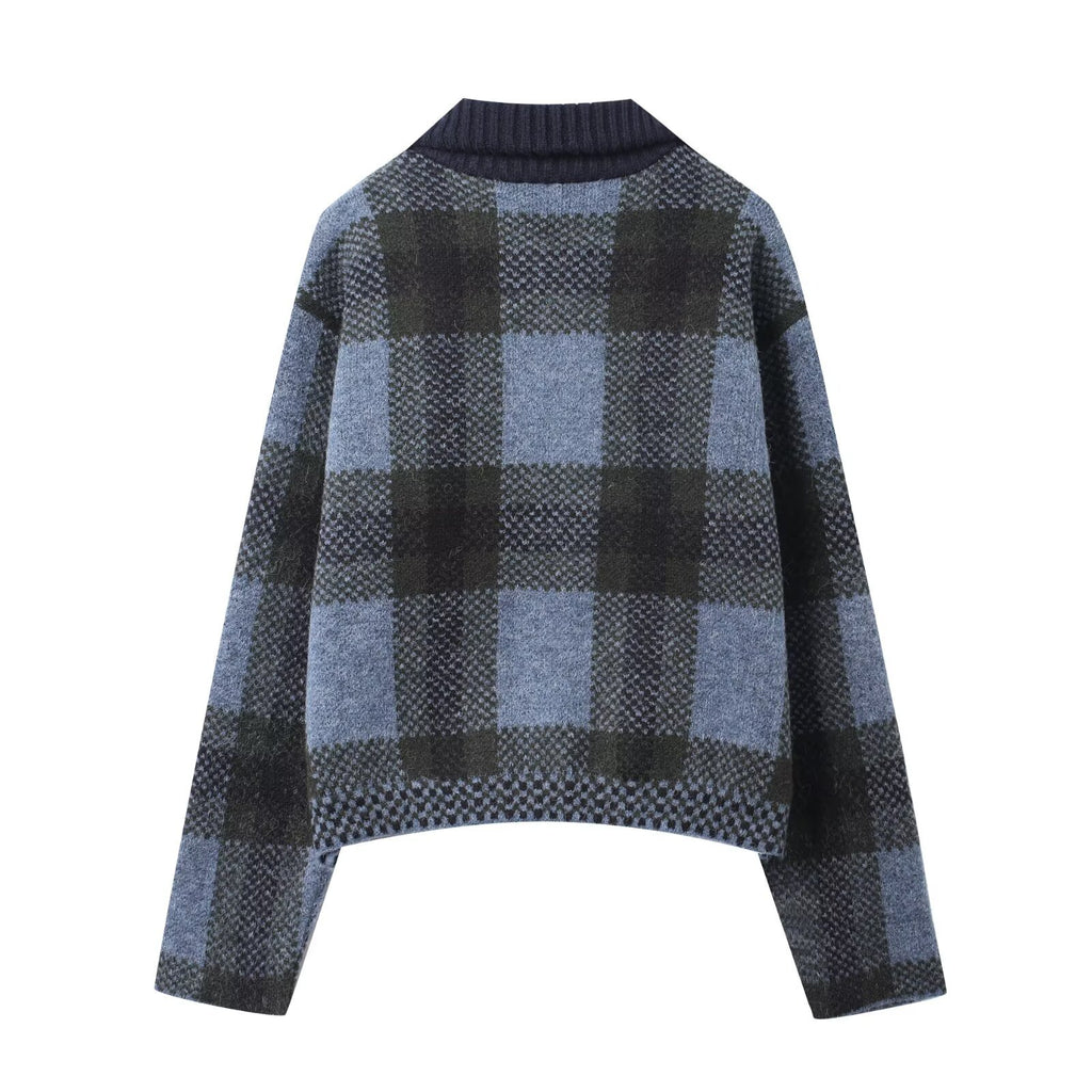 Plaid collar knitted jacket for women