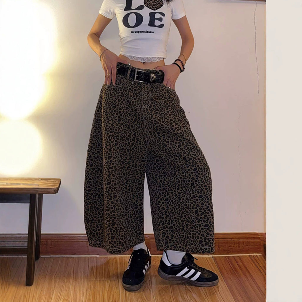 Vintage Leopard Print Casual Pants Leg Long Pants for Women