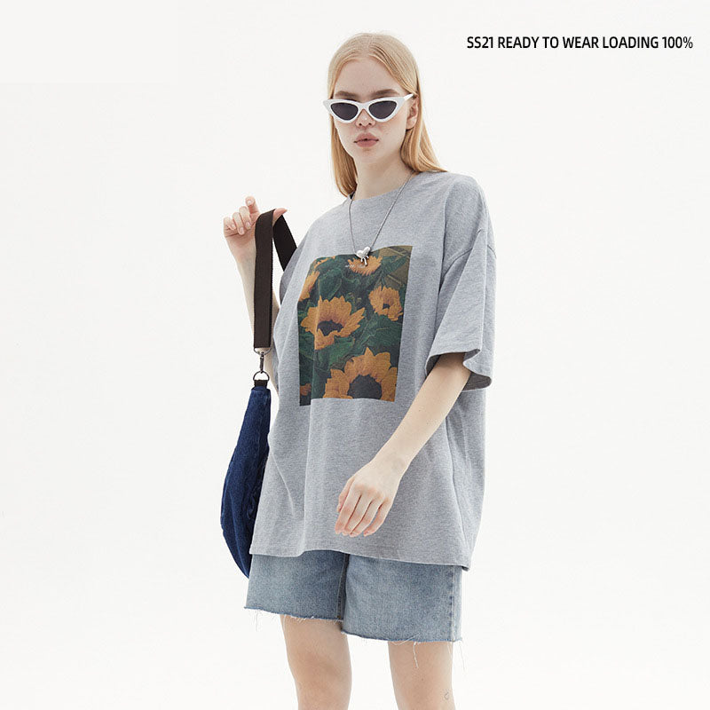 Korean Version Oversize Loose T-Shirt Women's Sunflower Print Couples T-Shirt Summer Ins Trend