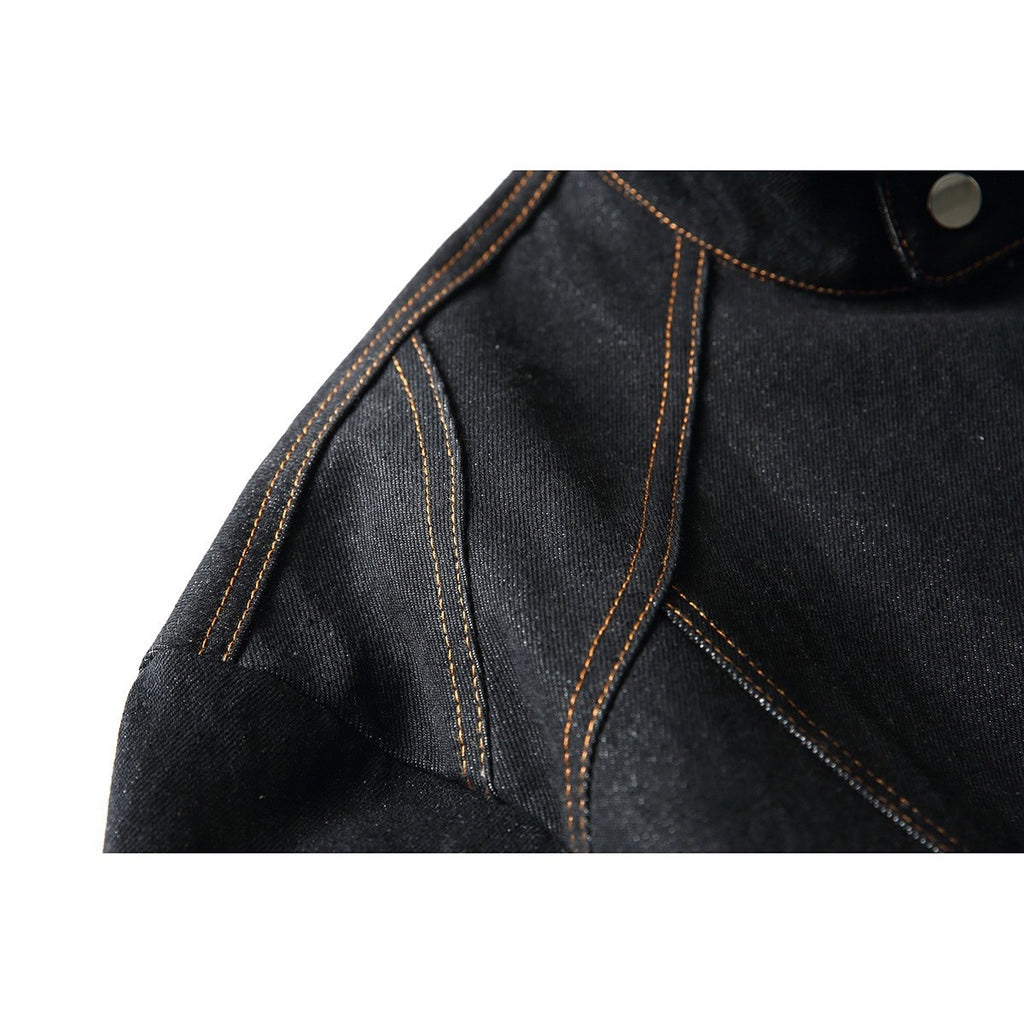 Denim Work Jacket for Men, Flight Snap Closure, Stand Collar, Denim Coat