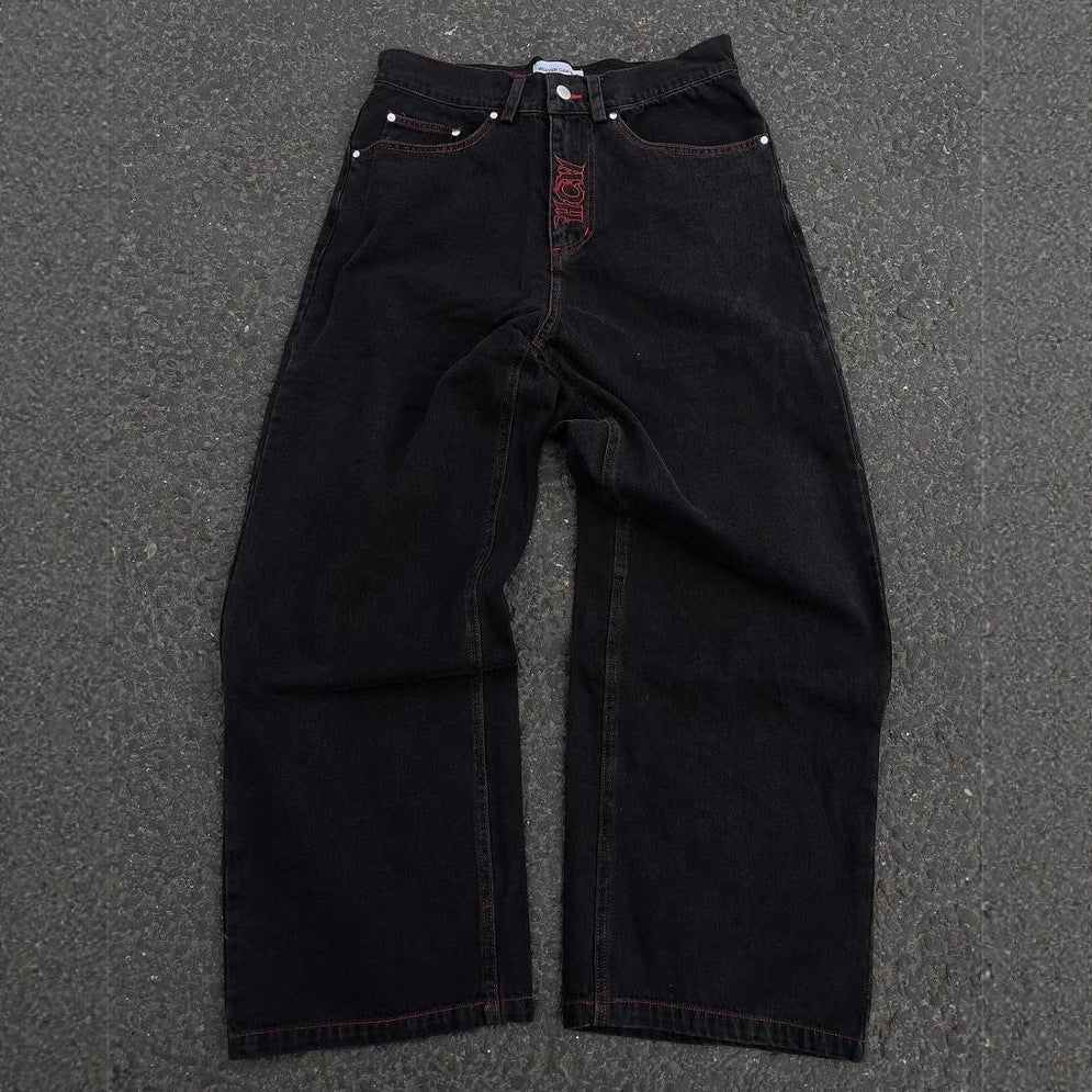 Retro hip-hop goth straight leg loose wide leg skeleton embroidered washed denim jeans for men