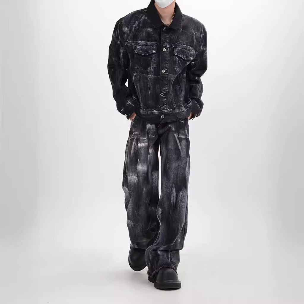 Unique Washed Vintage Denim Splatter Ink Suit Design Loose Jacket Top for Men and Women