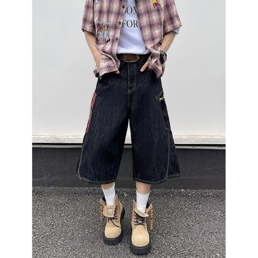Retro large pocket plaid patchwork denim cropped pants for men