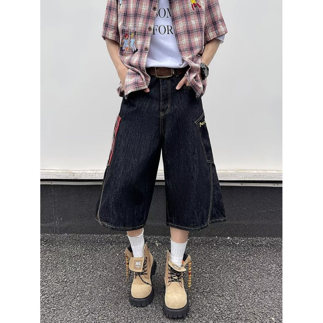 Retro large pocket plaid patchwork denim cropped pants for men