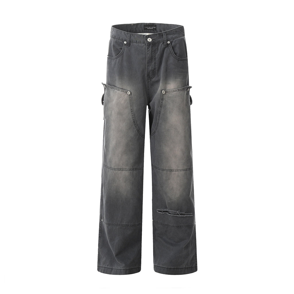 Carpenter Work Pants for Men and Women Vintage Washed Distressed Riveted Denim Loose Straight Leg Long Trousers