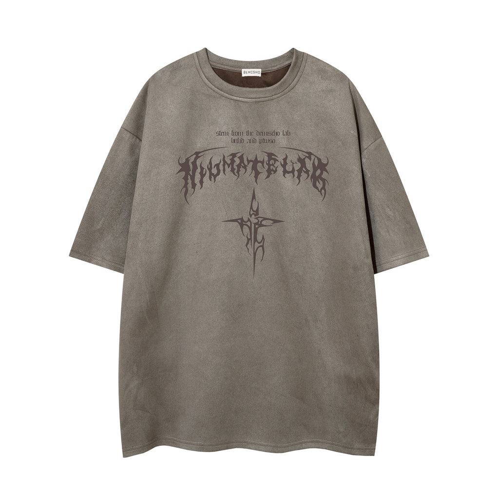 Retro Letter Print Suede Short Sleeve T-Shirt Women's Oversize Couple Tee Summer Design Sense