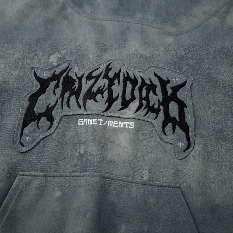 Heavyweight Washed Letter Applique Embroidered Hoodie, Unisex Couple Loose Oversize Casual Top