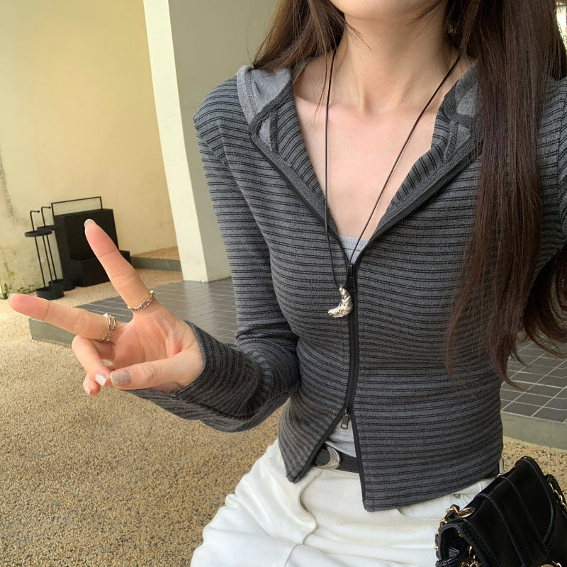 Striped Zipper Hoodie Coat for Women
