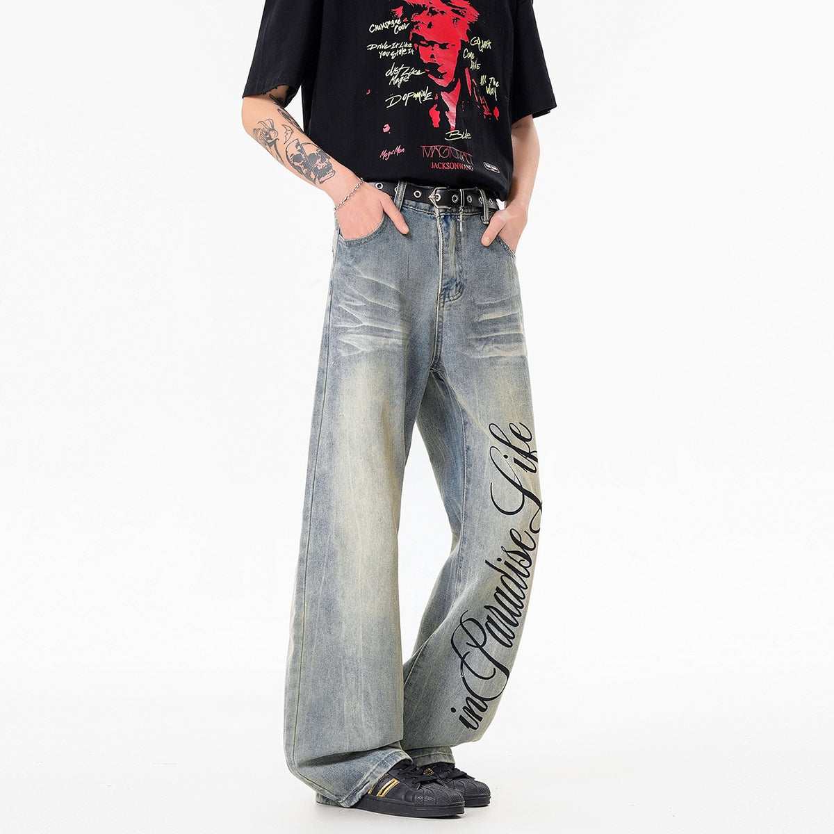 Stylish Printed Lightning Pattern Denim Pants for Men