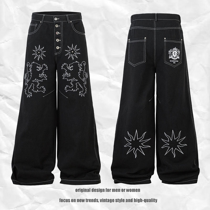 Loose Wide-Leg Floor-Length Denim Trousers for Men and Women