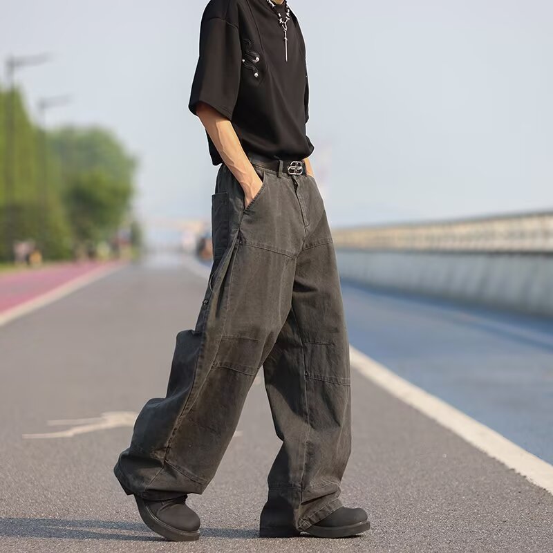 Retro washed workwear curved cut denim jeans for men