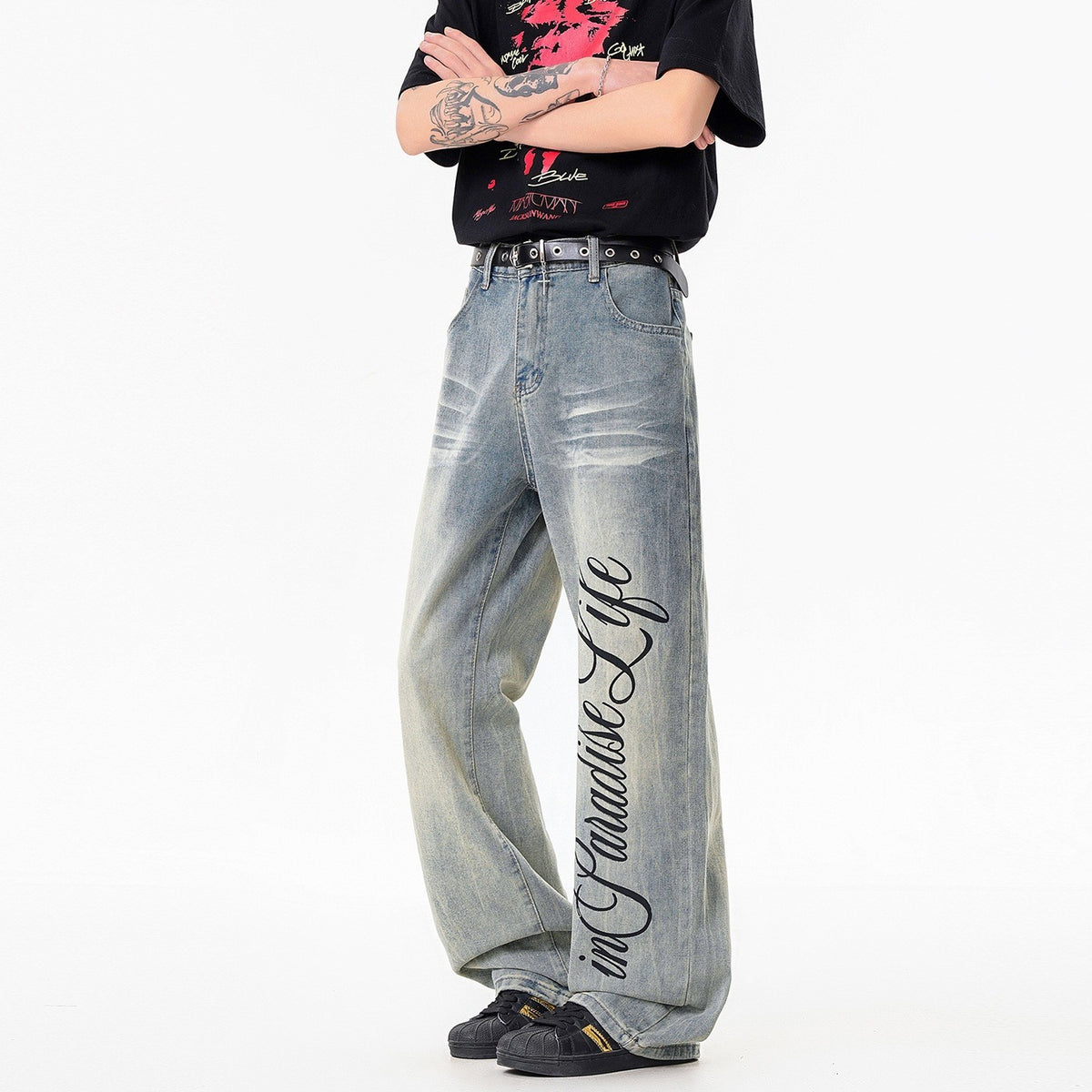 Stylish Printed Lightning Pattern Denim Pants for Men