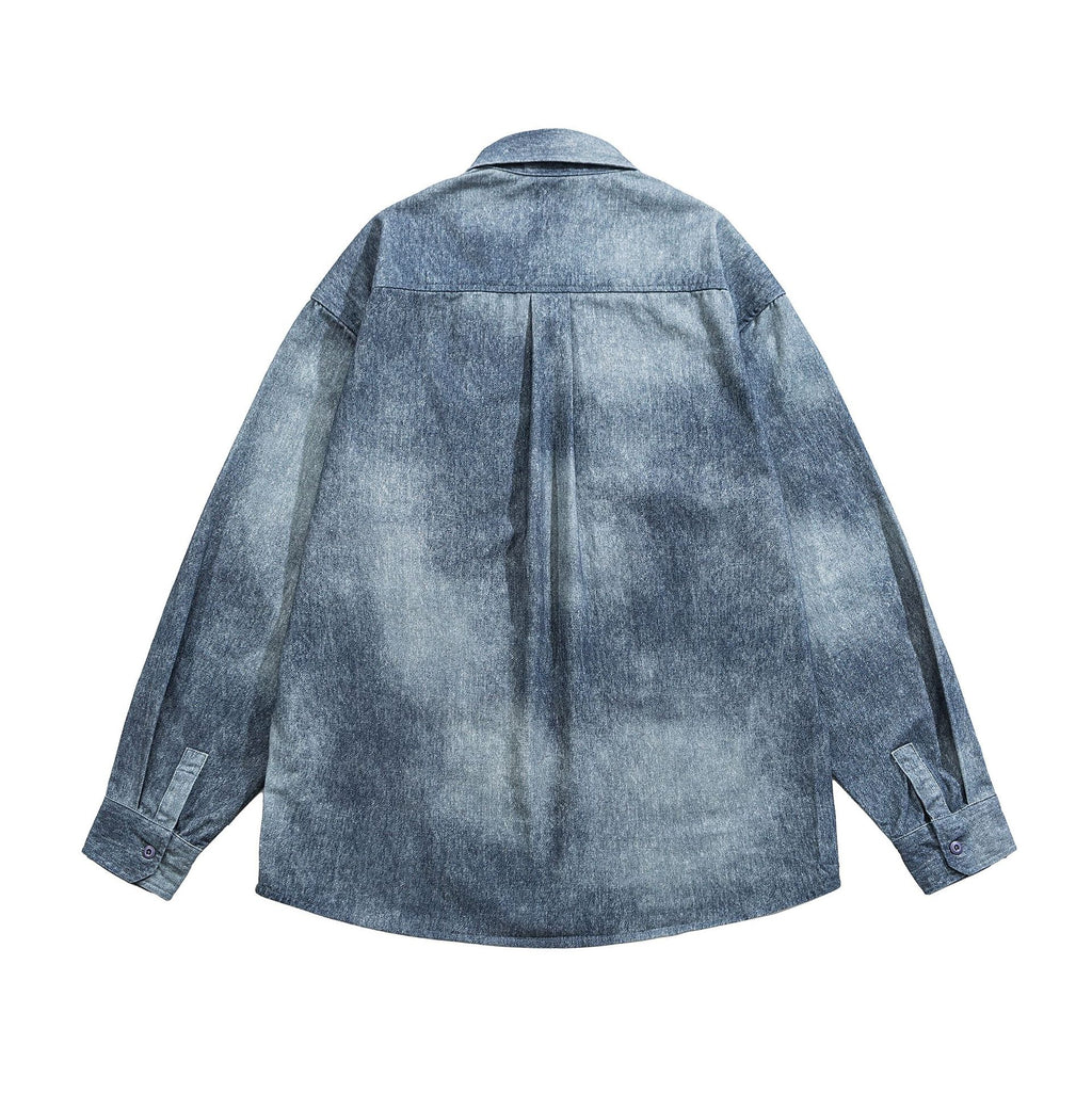 Distressed Snowflake Washed Patch Pocket Loose Denim Shirt Men