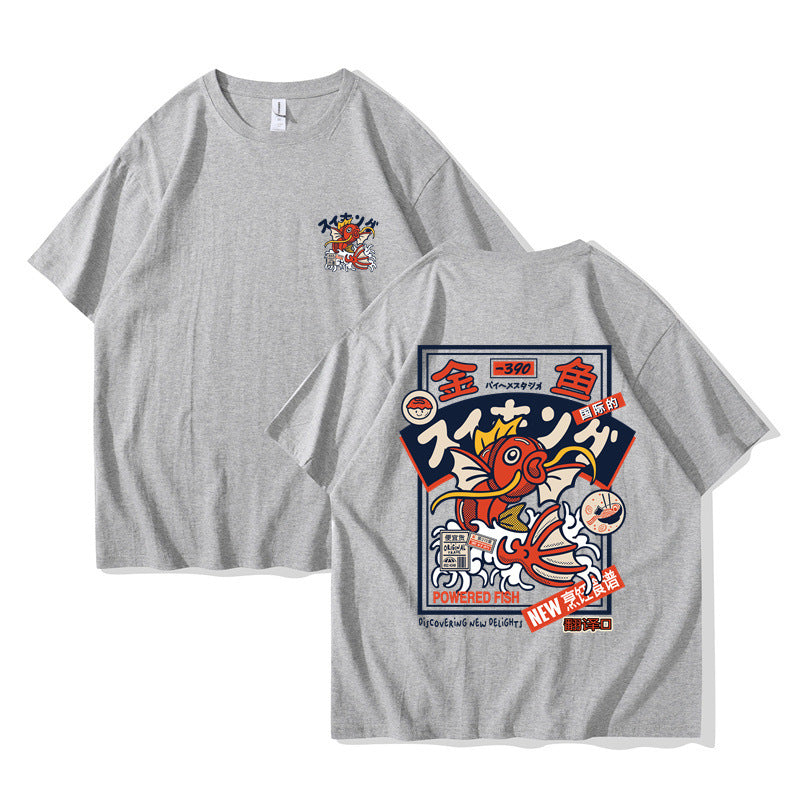 Red Koi Print Short Sleeved Harajuku Hip-hop Setwear Shirt S