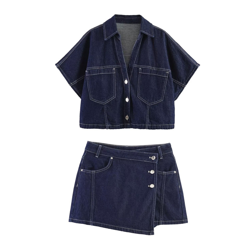 Denim short shirt+denim skirt pants set