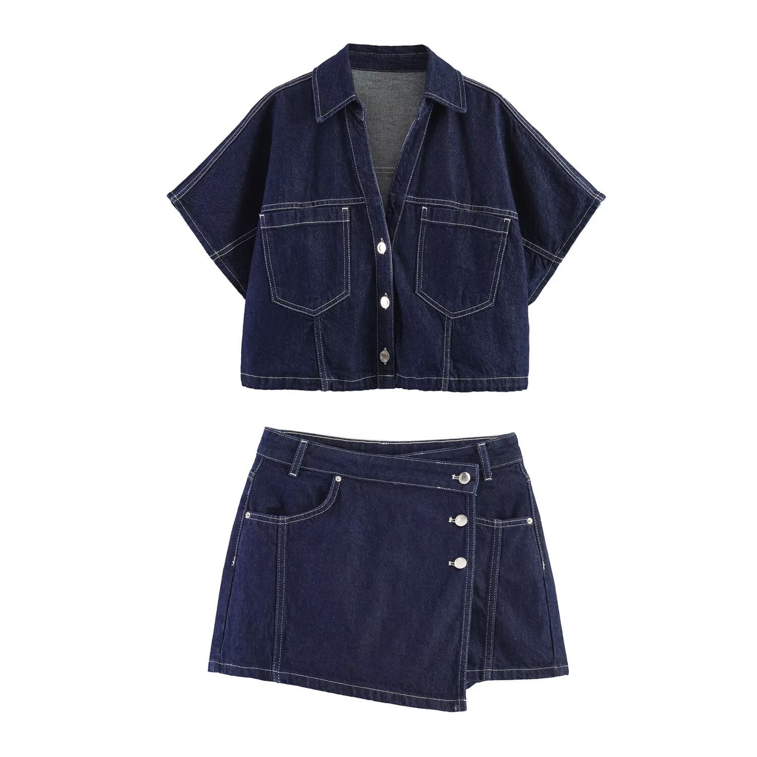 Denim short shirt+denim skirt pants set