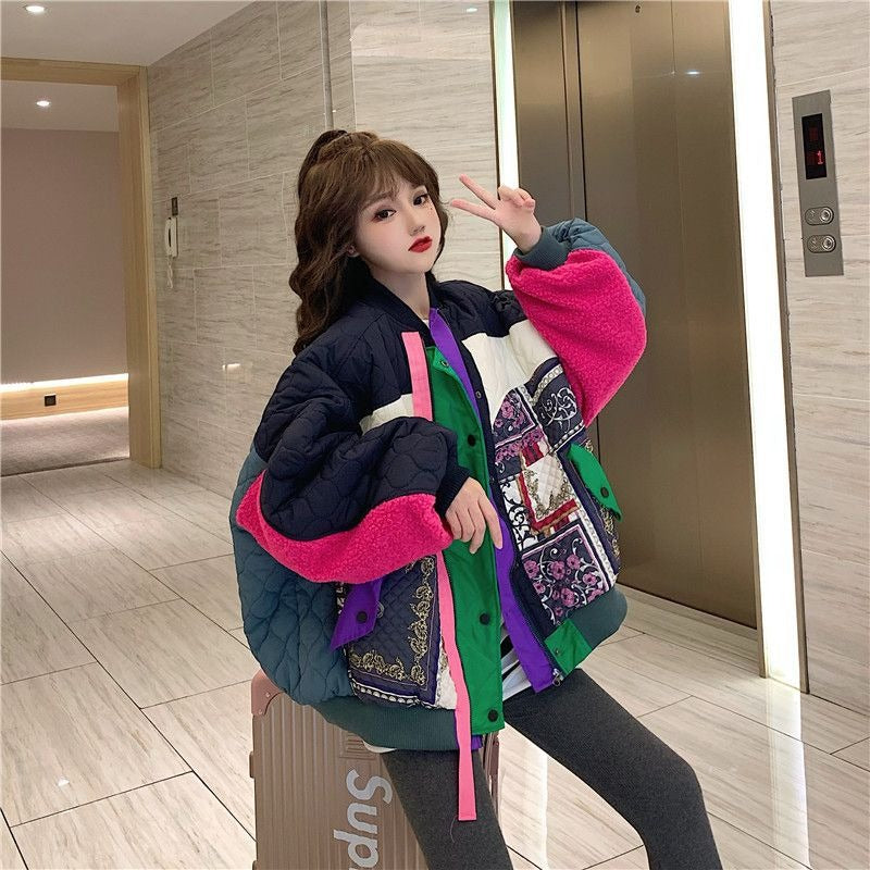 Color blocking patchwork baseball jacket short jacket for women