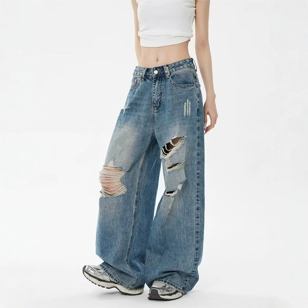 Vintage Blue Ripped Washed Denim Pants Women Leg Pants