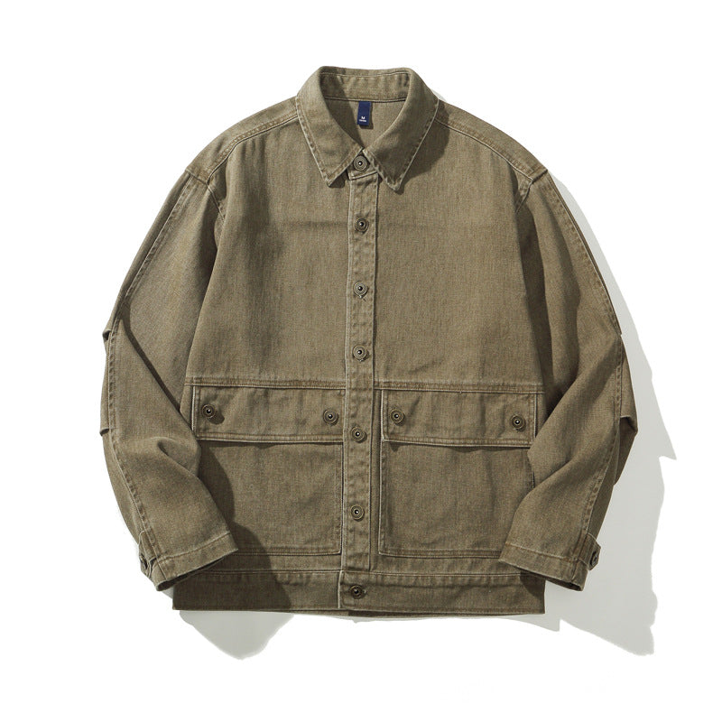 Heavyweight Vintage Workwear Jacket for Men,  Loose Fit, Distressed Washed Denim-Like Coat