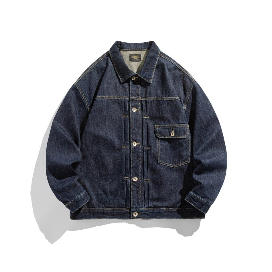 Tape Washed Denim Jacket for Men Loose Workwear Style Jacket