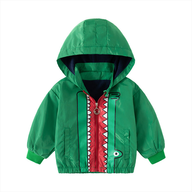 Fall New Boys' Fleece-Lined Jacket Casual Cute Jacket Hooded Windbreaker
