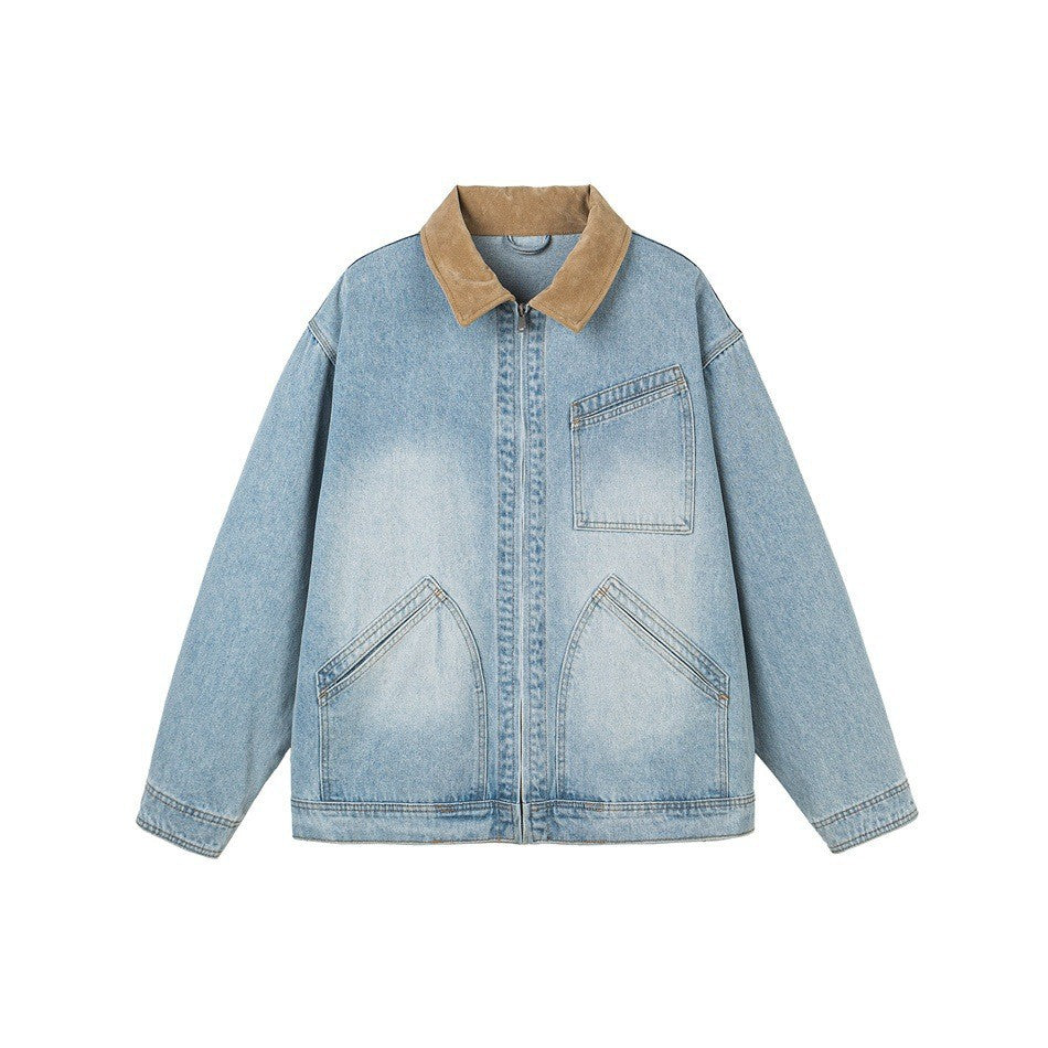 Collar Denim Jacket for Men Casual Washed Ice Blue Denim Coat