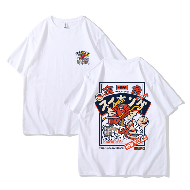 Red Koi Print Short Sleeved Harajuku Hip-hop Setwear Shirt S