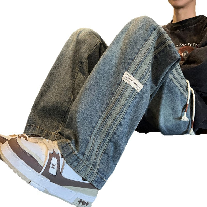 Striped Denim Pants Men Autumn Winter Trendy Style Wide Leg Loose Straight Cut Washed Casual Trousers