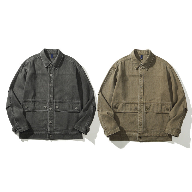 Heavyweight Vintage Workwear Jacket for Men,  Loose Fit, Distressed Washed Denim-Like Coat