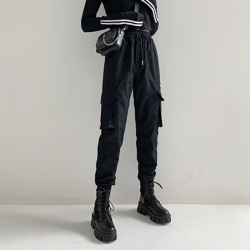 Women black Female Trousers Casual Harajuku Straight Pants Plus Size Jogger Pants Pockets Streetwea