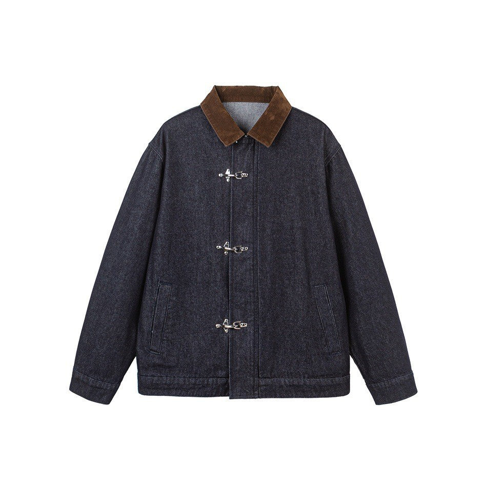 Designer Snap Button Denim Jacket for Men Retro Versatile Blue Denim Coat