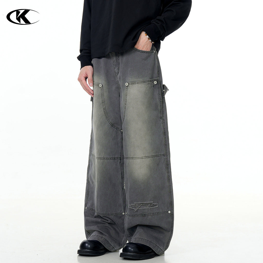 Carpenter Work Pants for Men and Women Vintage Washed Distressed Riveted Denim Loose Straight Leg Long Trousers