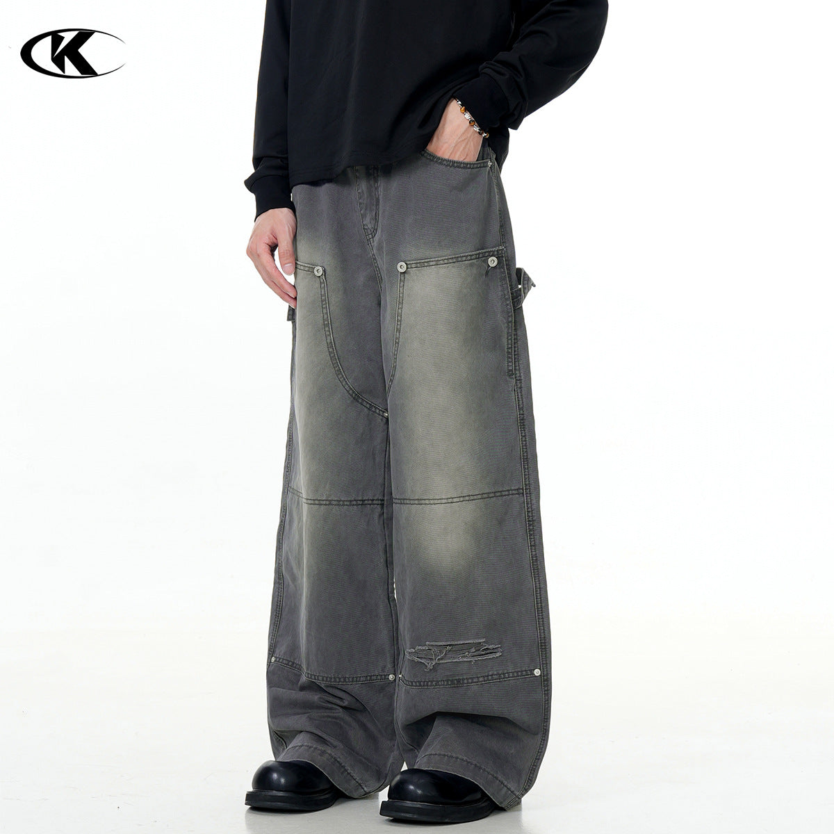 Carpenter Work Pants for Men and Women Vintage Washed Distressed Riveted Denim Loose Straight Leg Long Trousers