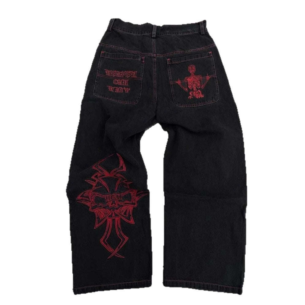 Retro hip-hop goth straight leg loose wide leg skeleton embroidered washed denim jeans for men