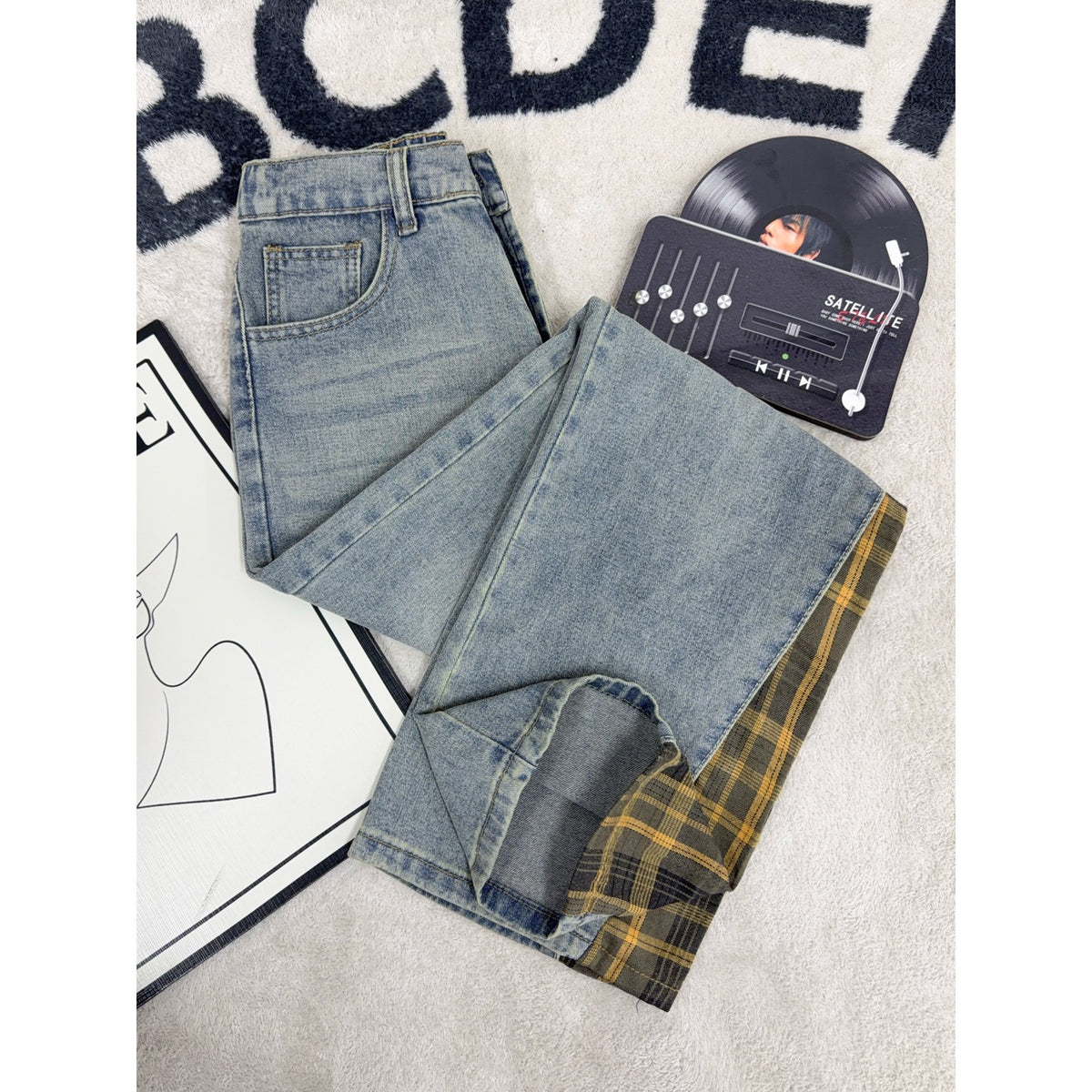 Deconstructed Plaid Patchwork Denim Pants for Men