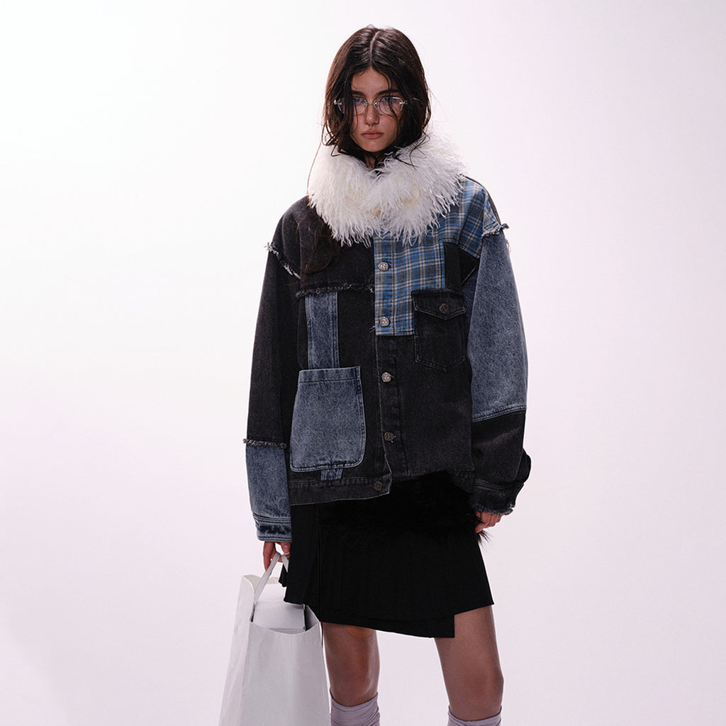 Splicing washed denim jacket