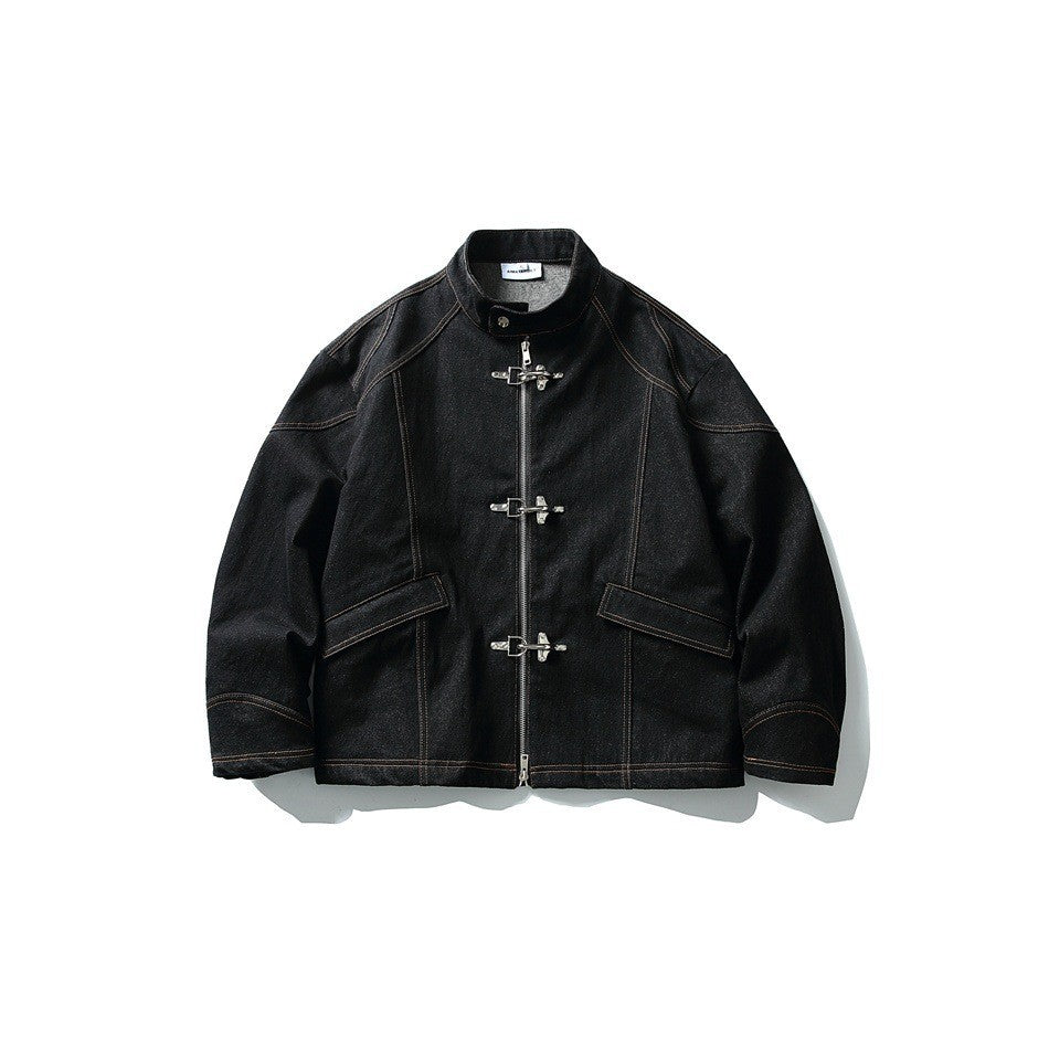 Denim Work Jacket for Men, Flight Snap Closure, Stand Collar, Denim Coat
