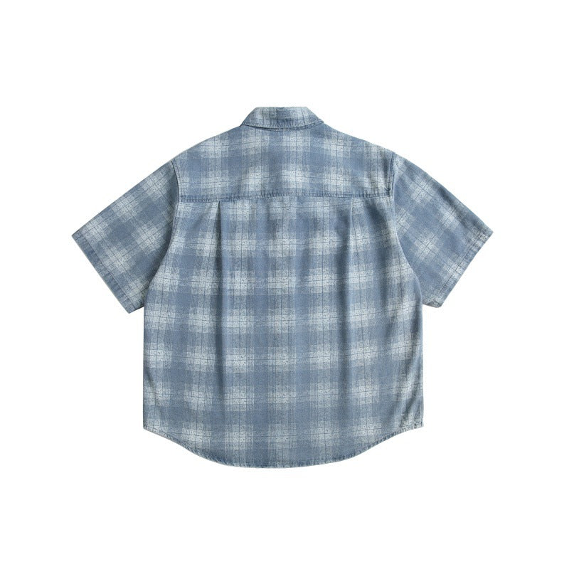Color blocked plaid perforated casual denim shirt for men