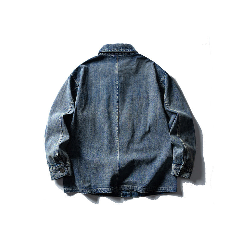 Trendy Washed Old Multi-Pocket Workwear Denim Jacket Men