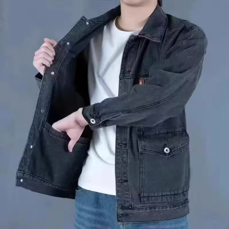 American Style Heavyweight Denim Jacket for Men, Autumn Winter, Warm Lined, Thickened, Loose Fit, Casual Outerwear